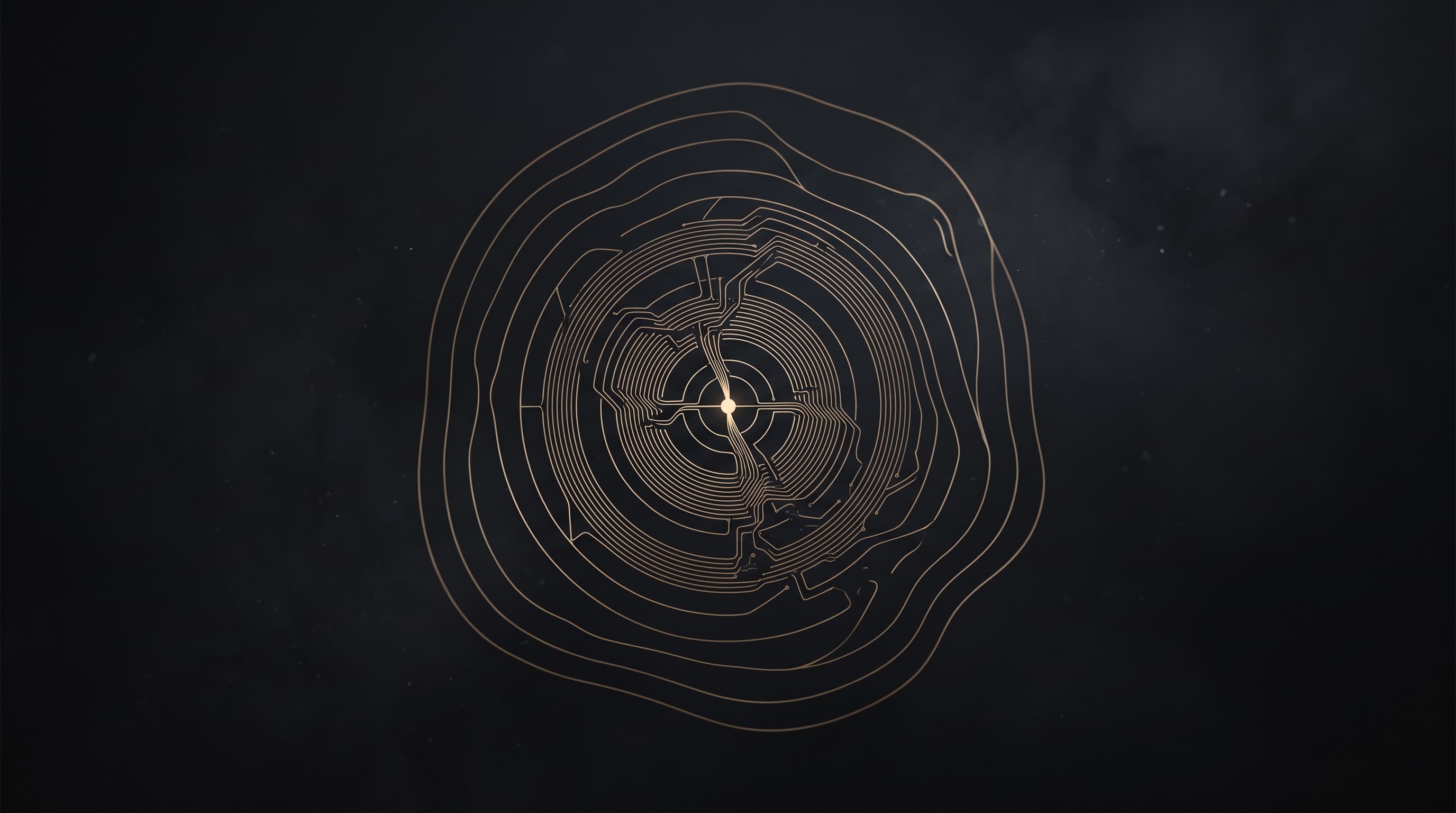 Abstract charcoal and warm gold linework illustration of layered human figures and circuit pathways converging toward a central node, representing the intersection of human readiness and AI implementation