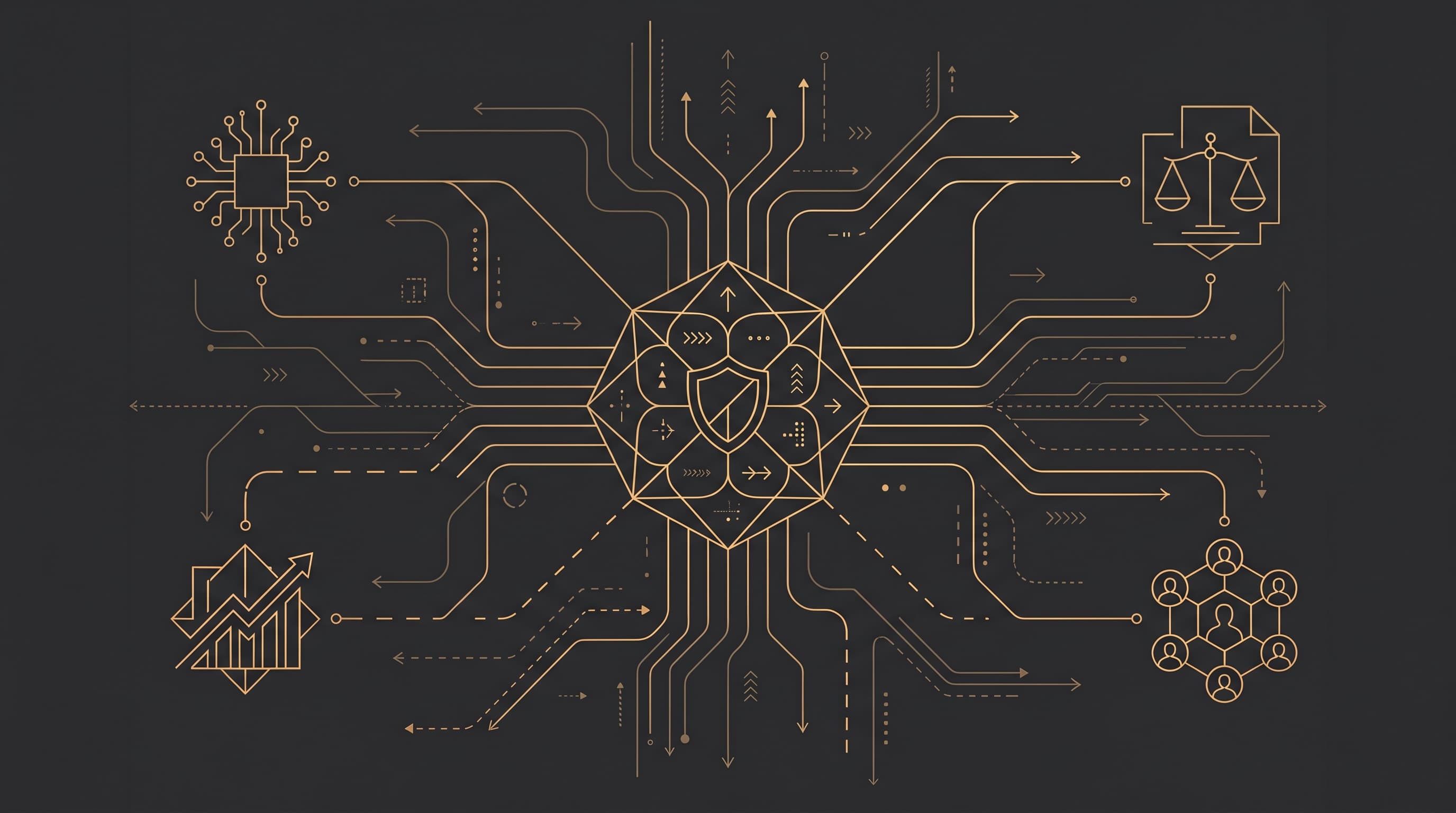 Descriptive alt text for the hero image: abstract charcoal and warm gold linework illustration of interconnected nodes and institutional frameworks under tension, suggesting governance infrastructure at scale