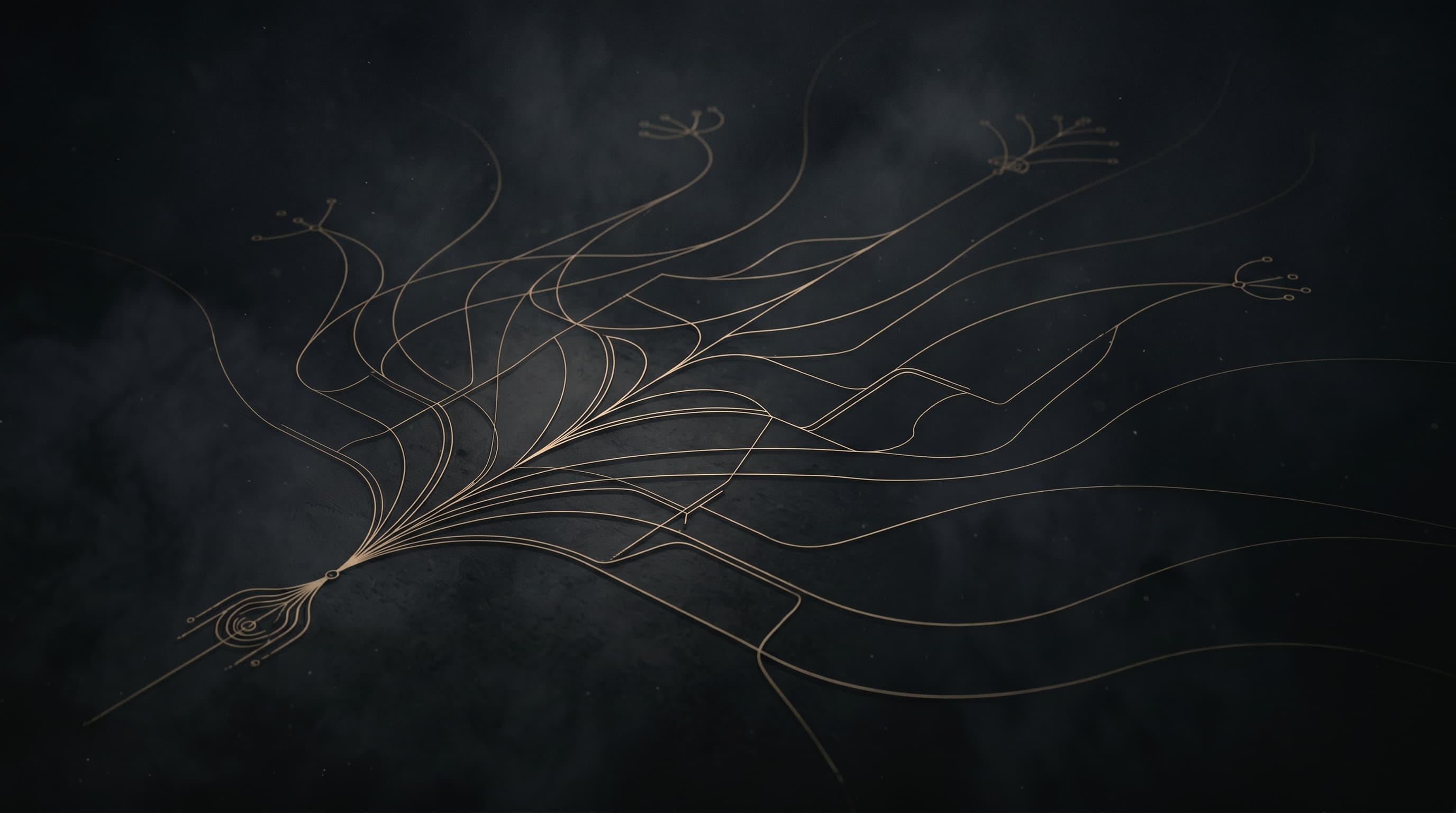 Abstract gold schematic showing diverging pathways on a charcoal background, representing the gap between AI strategy and execution