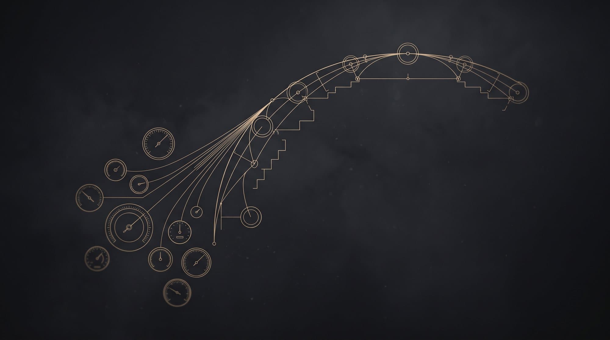 Gold measurement dials on charcoal whose lines converge into an arch of rising steps, representing an AI readiness assessment becoming an execution plan