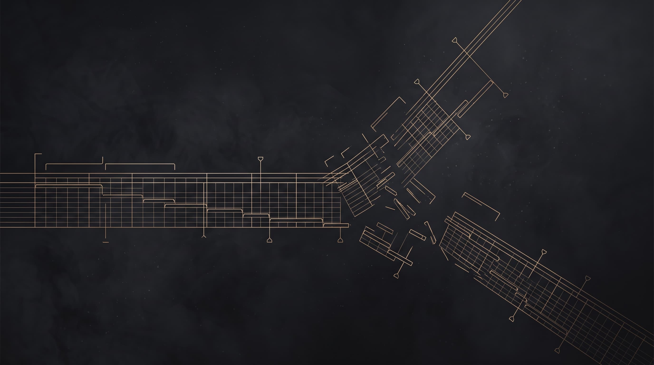 Two intersecting project timelines in blueprint style, one straight, one angled, with milestones knocked out of alignment at the crossing.