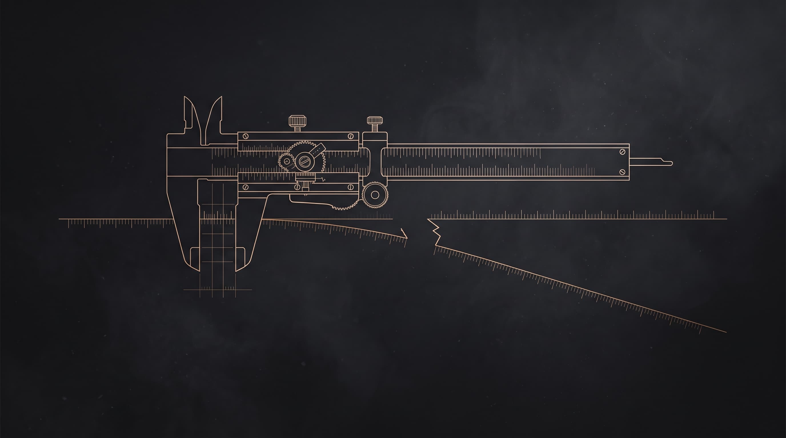 Blueprint caliper measuring a bent timeline, its fixed jaw misaligned with a diverging baseline below.