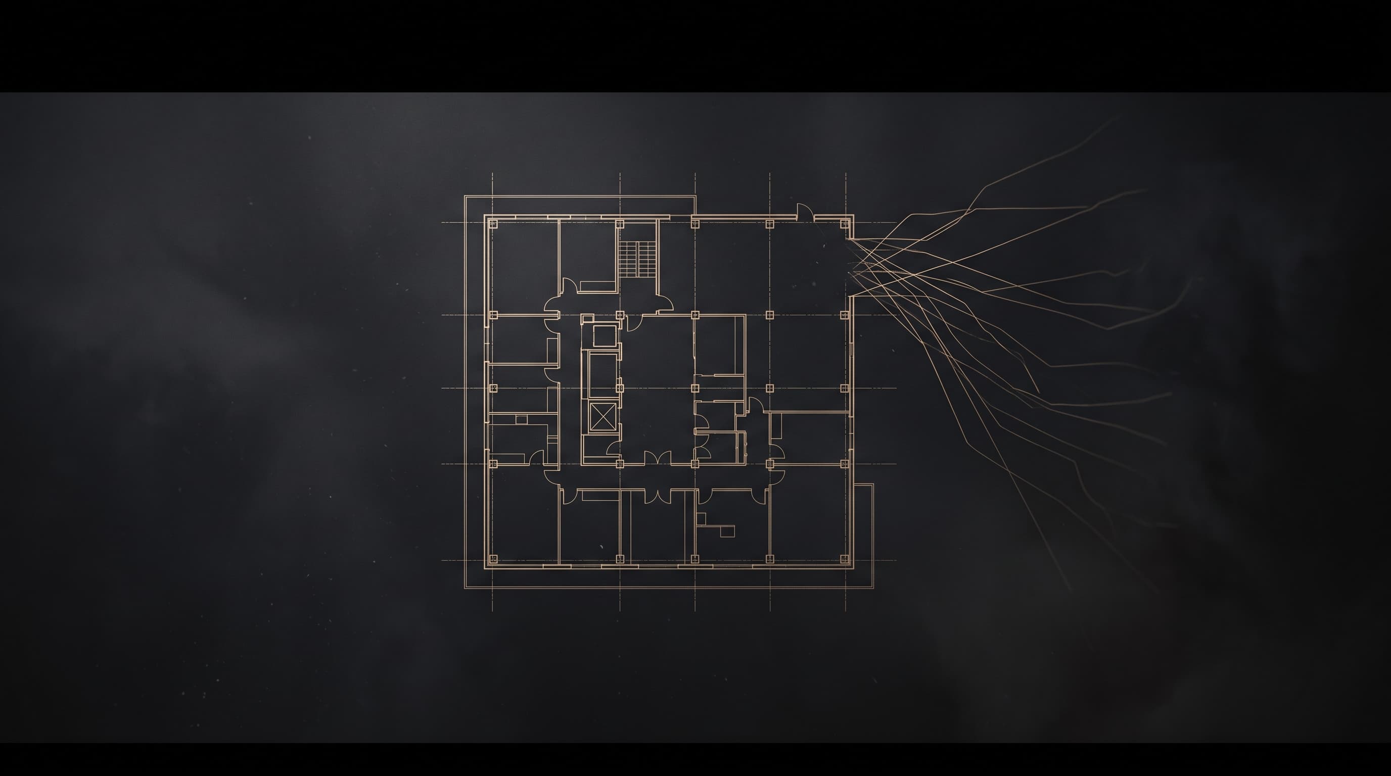 Blueprint floor plan with a clean boundary broken at one corner, trailing unmeasured extension lines into uncharted space.