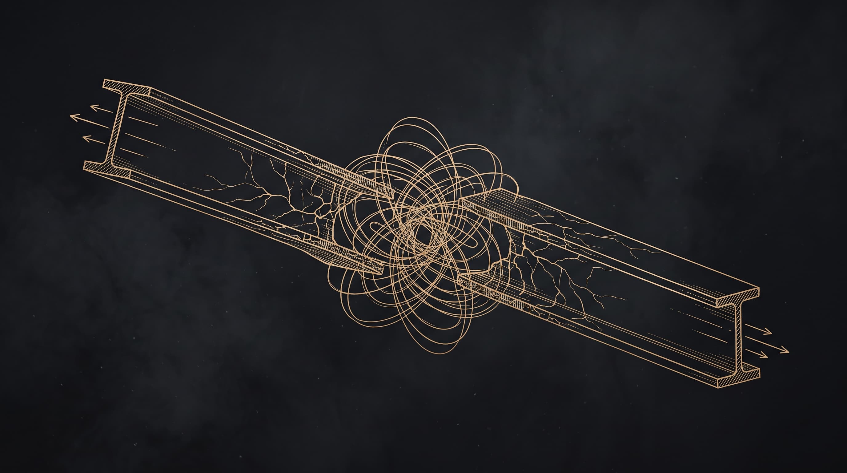 Two opposing structural beams meeting at a stressed, unresolved junction node with looping connector lines.